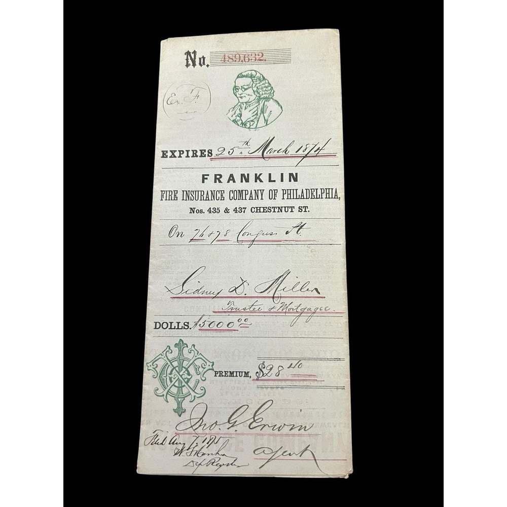 1873 Sidney D. Miller Detroit Civic Leader Franklin Insurance Policy RARE